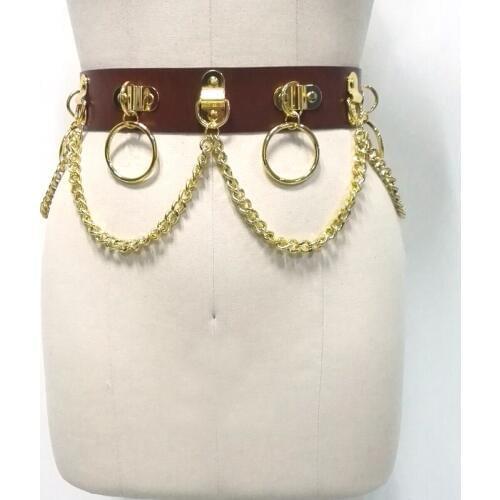 Customized Heavy Duty Handmade Unisex Men Women Brown Gold Leather Waist Belt Punk Bondage Circle Metal Chain Link Waist Strap