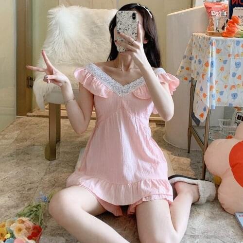 Sexy Sleeveless Lace V-neck 100% Cotton Shorts Pajama Sets for Women Summer Sleepwear Suit Pyjamas Homewear Pijama Mujer Clothes