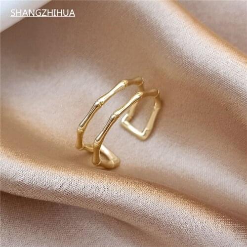 SHANGZHIHUA 2021 New Gothic Trend Gold Double Hollow Adjustable Ring for Women Luxury Unusual Girl Jewelry Accessories