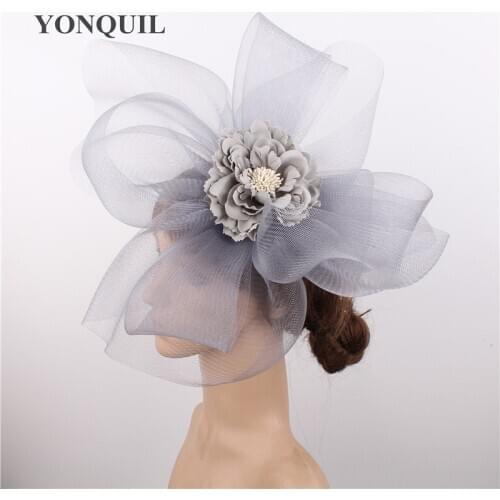 Grey Tulle Flower Big Wedding Hat Bride Mariage Headwear Accessories Women Wedding Fascinato Hats Elegant Ladies Party Chapeau