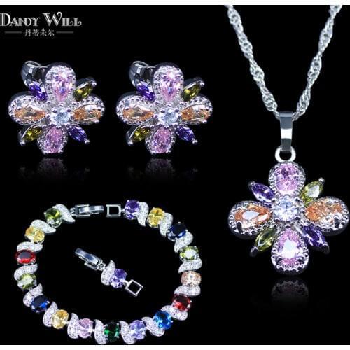 Vintage Beautiful Flower Crystal Jewelry Set Silver Color Pendant Bracelets+Necklace+Drop Earrings+Chains set For Womens Gift