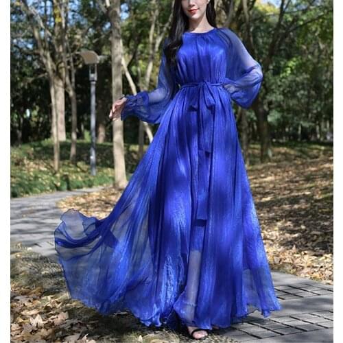 Female Clothing Elegant Flowy Chiffon High Quality Loose Belt Maxi Boho Dress New Beach Party Bridesmaid PLus Size Dresses Blue