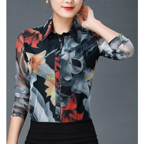 Spring Fall Casual Women Printed Pattern Slim Long Sleeve Stretch Blouse , Floral 3XL 4xl XXL Mesh Female Woman Blouses