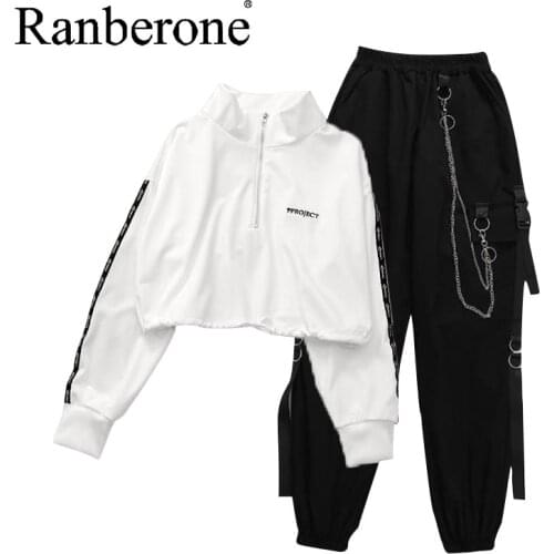 Ranberone Women Suits Cargo Streetwear Harajuku Pant Chain Tracksuits Jogger Elastic High Waist Pants Fitness Suits Sportswear