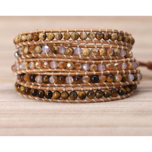 2019 newest Women Boho Bracelet Natural Stone 5X Leather Wrap Bracelet tiger eye Beaded handmade Bracelet Drop Shippping
