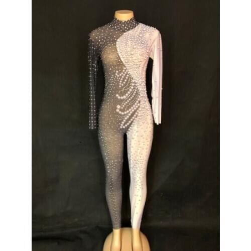 Women Sexy Net Yarn Black White Jumpsuit Sparkling Crystals Nightclub Birthday Party Stage Wear for Dancer Singer Dance Costumes