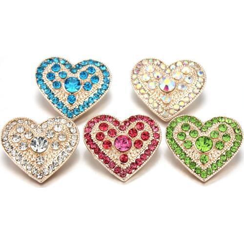 10pcs/lot New Snap Button Jewelry Rose Gold Rhinestone Love Heart 18mm Snap Buttons Fit Snap Bracelet Necklace Button Charms