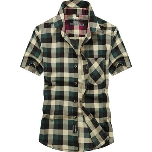 100% Cotton Summer Plaid Shirt Men Military Short Sleeve Turn Down Collar Button Up Shirt Large Size M-4XL Camisas Para Hombre