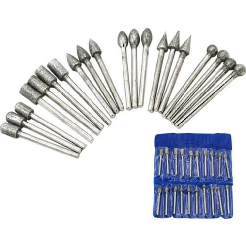 20pcs Diamond Grind Head Set Grit Cone Bullet Rotary Bits Glass Jade Stone Carving Drilling Tools Diamond Burr Set