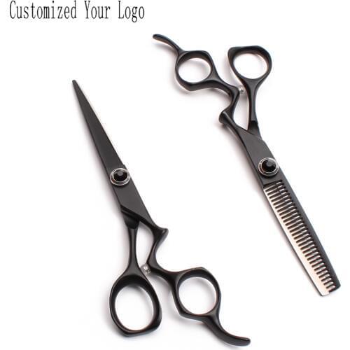 C9016 6'' Customized Logo Black Hairdressing Cutting Shears Thinning Scissors Japan Steel 440C Professional Human Hair Scissors