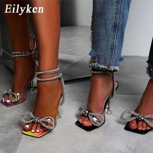 Eilyken Rhinestone Bowknot Women Sandals PVC Jelly Transparent Perspex High Heels Summer Sexy Square toe Ankle Buckle Strap Shoe