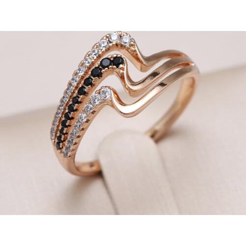 Kinel Luxury 585 Rose Gold Natural Black Zircon Ring Fashion 3 Rows Waves Rings for Women Vintage Wedding Jewelry