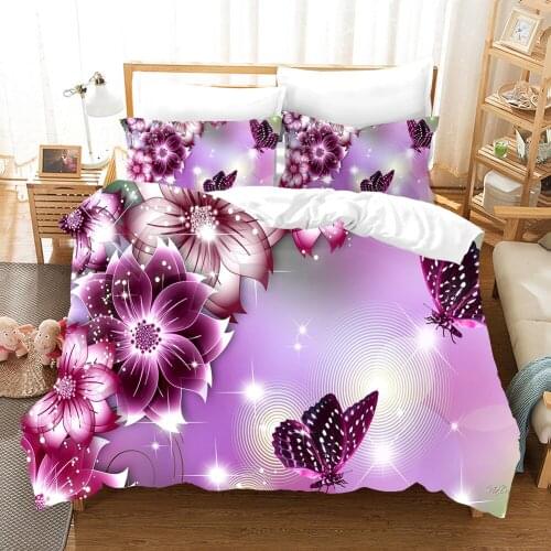 Purple Butterfly Flower Print Bedding Set Duvet Cover 2/3Pcs Bed Set Luxury Bedclothes Decor Home Animal Duvet Cover Sets