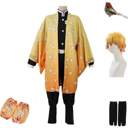 Adult and kids Anime Demon Slayer Cosplay Costume Agatsuma Zenitsu Kimetsu no Yaiba Cosplay Costume Men Kimono Yellow Uniform
