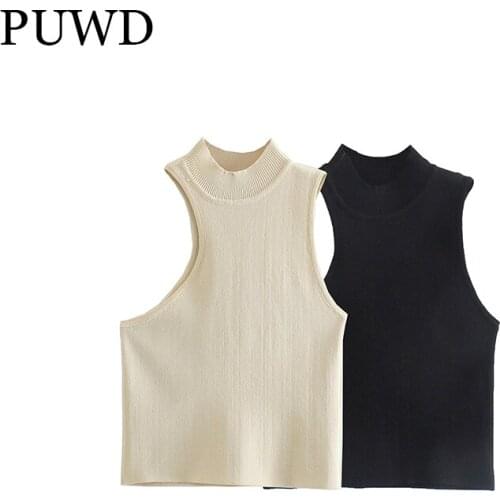 PUWD Fashion Women Off-the-shoulder Knitted Tops 2021Casual Personality Street Retro Style Pure Color Irregular Female Tank Tops