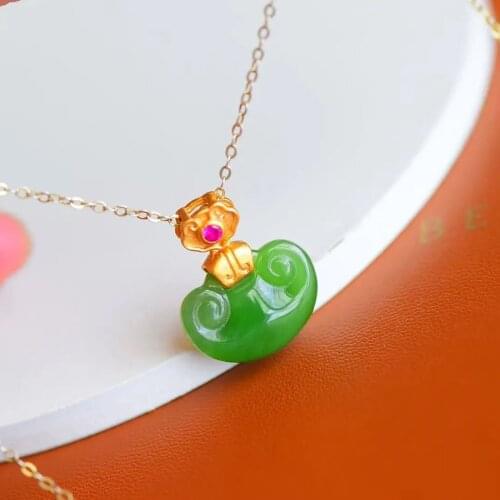 Natural Hetian Jade Green Jade Ruyi Pendant Ancient Style Gold Necklace S925 Sterling Silver Ornament for Women