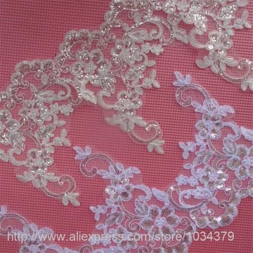 Delicate 1meter 20cm Sequins Ivory White Fabric Flower Venise Venice Lace Trim Applique Sewing Craft for Wedding Dec. LW0049