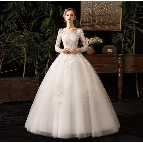 2020 New Elegant O-neck Wedding Dress Noble Lace Full Sleeve Wedding Gowns Floor-length Plus Size Bride Dress Vestido De Noiva