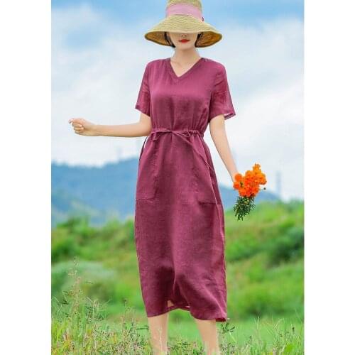 Summer New Original Literary Womens Clothing Ramie Slim Long Dress V-Neck Age-Reducing Summer Dresses 2021 Dress