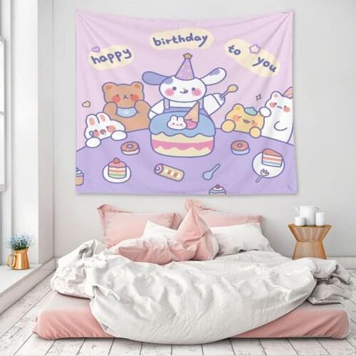 2021 New Cartoon Happy Birthday Big Tapestry Wall Hanging Decor Home Living Room Background Wall Cute Rabbit Cake Tapestry Tapiz