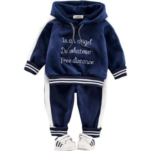 Autumn and Winter Childrens Sets Fleece Padded Long Sleeve Hooded Letter Cotton-padded Baby Suit Sport Clothes Sets Tracksuits