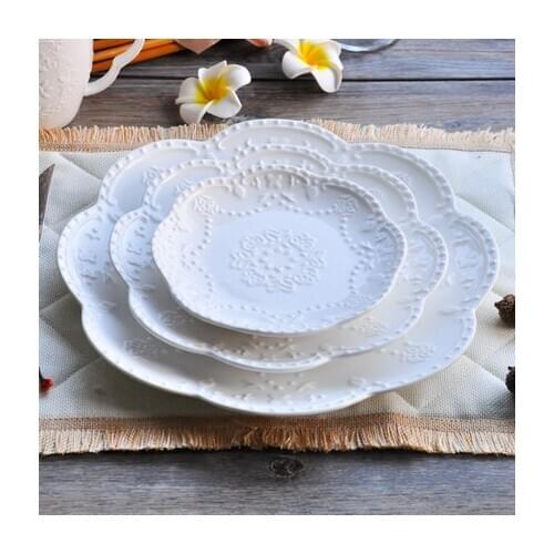 European Style Flat Plate-6"8"10"Western Steak Plate -Embossed Round Shallow Plate Pure White Bone China Dessert Tray Home Acces