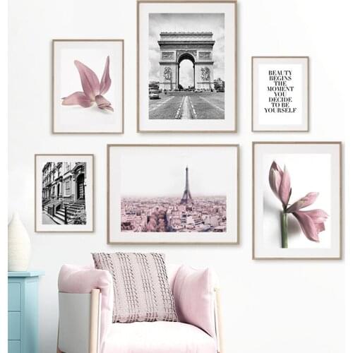 Pink Magnolia Girl Surf Retro Paris Photo Wall Art Canvas Painting Nordic Posters and Prints Wall Pictures for Living Room Decor