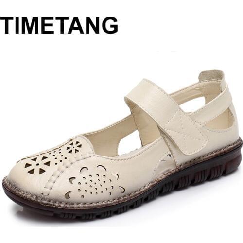 TIMETANG Summer Shoes Woman Genuine Leather Soft Outsole Closed Toe Sandals Casual Flat Women Shoes New Fashion Women Sandals