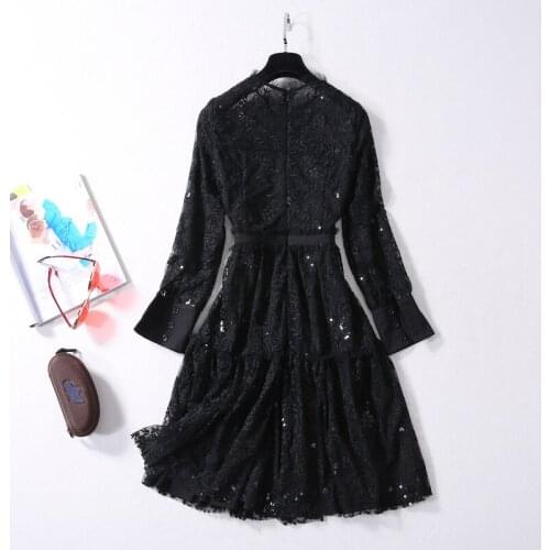 Party Autumn Fashion Black Women Ruffled Elegant Lace Flower Embroidery Sequined Ladies Holiday A-Line Dress