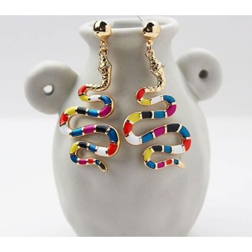 GSOLD Vintage Colorful Drip-Glazed Metal Snake Earring Trendy Enamel Cobra Drop Earrings Women Exaggerated Party Jewelry