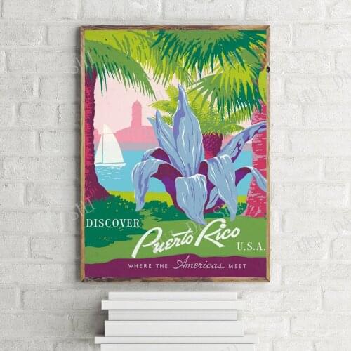 Discover Puerto Rico USA Vintage Poster, Retro Travel Art Print Design