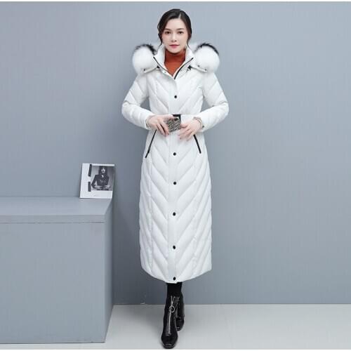 High Grade Real Fox Fur Down Coat 2021 Winter Jacket Womens 90% White Duck Down Parka Coat X-Long Winter Warm Hooded Down Jacket