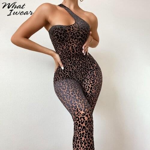 Whatiwear Leopard Print One Shoulder Jumpsuit Sexy Mesh Patchwork Velvet Fitness Party Activewear Sleeveless Clubwear Outfits