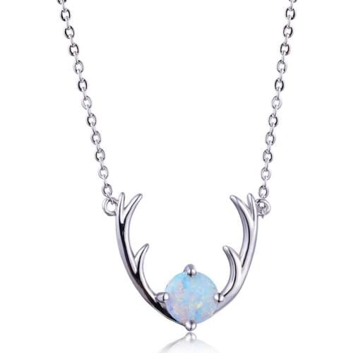 Boho Female Deer Animal Pendants Necklaces Silver Color Wedding Necklace Fashion Blue White Fire Opal Necklaces For Women