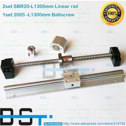 2x SBR20 Linear Shaft Support 1300mm+ 4x SBR20UU +1x 2005 Ball screw 1300mm +BK15 BF15+SFU2005 Ball Nut Housing +Jaw Coupling