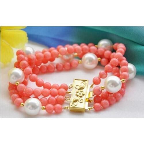 4row 8" 6mm pink coral bead round white shell pearl bracelet