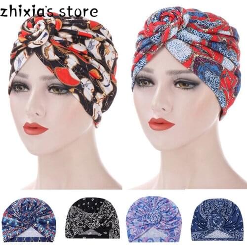 Arab Wrap Women Head Scarf Turban Caps Fashion Printed Hijab Bonnet Bohemian Ethnic Inner Hijabs For Cap Muslim Headdress Hat
