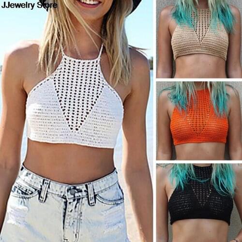 Bikini Beach Crop Top Summer Women Short Vest Sexy Hollow Out Plain White Bralette Halter Neck Crop Top Knit Crochet Cami