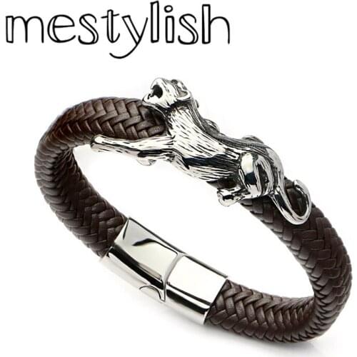 Mestylish 6*12mm Genuine Leather Men Bracelet Stainless Steel Tiger Leopard Bracelet Stainless Steel Magnetic Clasp Jewelry