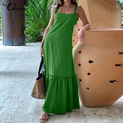 Celmia 2021 Summer Maxi Dress Womens Spaghetti Straps Sexy Holiday Sundress Casual Solid Color Ruffles Party Beach Vestidos