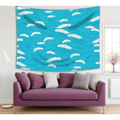 Tapestry Abstract Blue Pattern with Waves and White Foam Crests Ocean Theme Artwork