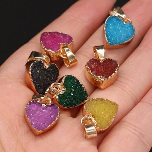 Fine Natural Druzy Crystal Pendants Heart Shape Gold-plated Reiki Heal Charms for Jewelry Making Necklace Earrings Gifts