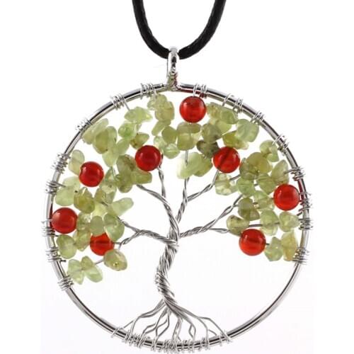 KFT Natural Cherry Red Agates Beads Olivine Stone Wire Wrapped Tree of Life Pendant Necklace Men Women Jewelry