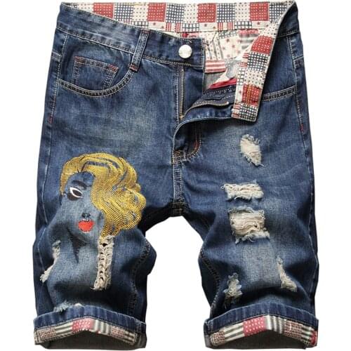 Mens Girl Beauty Embroidery Denim Shorts Summer Holes Ripped Jeans Knee Length Breeches