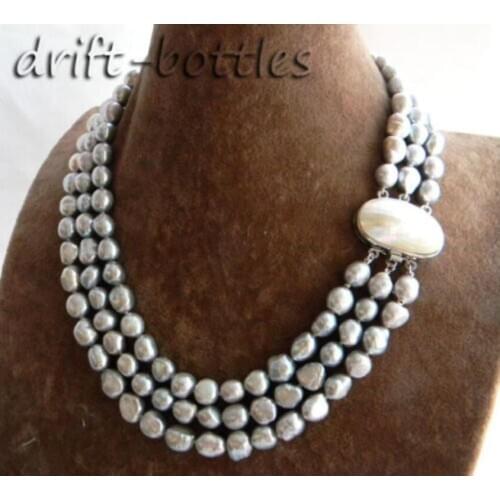 Natural 3Strands 18'' 8-9mm Gray Baroque Freshwater Pearl Necklace