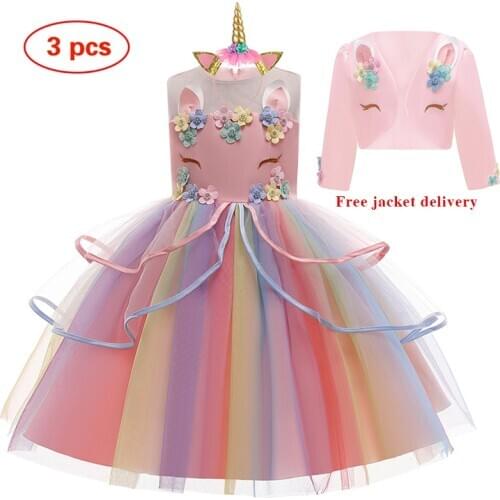 New Girls Unicorn Tutu Dress Rainbow Kids Birthday Party Princess Dress Children Christmas Halloween Cosplay Costume 3-piece Set