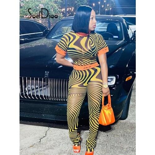 Soefdioo Sexy Two Piece Set Women Sheer Mesh Zebra Short Sleeve Tshirts Straight Pants Matching Suit Fall 2021 Party Clubwear