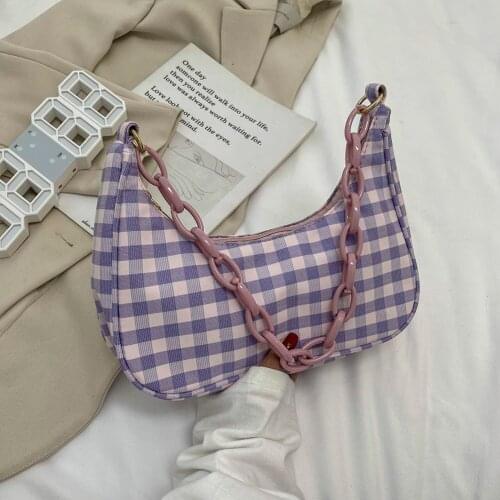 Plaid Pattern Printing Bags Fashion Women Oxford Cloth Shoulder Underarm Bag Casual Ladies Acrylic Chain Design Zipper Handbags