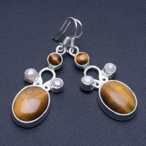 Natural Tiger Eye and River Pearl Unique Punk Style 925 Sterling Silver Earrings 2" P1705