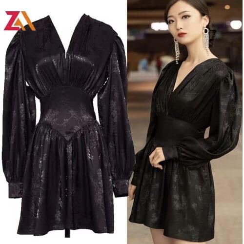 ZALady vintage black sexy v-neck high waist mini dress elegant floral long sleeve party night club womens clothing ladies dress